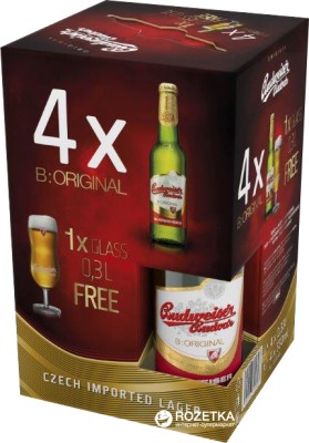 Набір пиво Budweiser світле фільтроване 5% 0.33 л x 4 шт. + келих 0.33 л