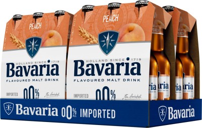 Упаковка напою солодового газованого безалкогольного Bavaria malt Peach світле фільтроване 0% 0.33 л х 24 шт.