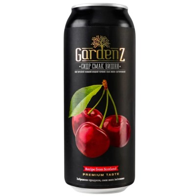 Сидр Gardenz Вишня, червоний, солодкий, 5,4%, з/б, 0,5 л