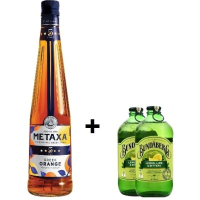 Набір: Напій на основі бренді Metaxa Orange 5 yo, 38%, 0,7 л + Напій Bundaberg Lemon Lime&Bitters, безалкогольний, сильногазованний, з/б, 0,375 л , 2 шт.
