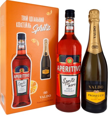 Набір Лікер Dilmoor Aperitivo Spritz 1 л 11% + Вино ігристе Valdo Prosecco DOC Extra dry Spumante Bianco 0.75 л сухе біле 11%