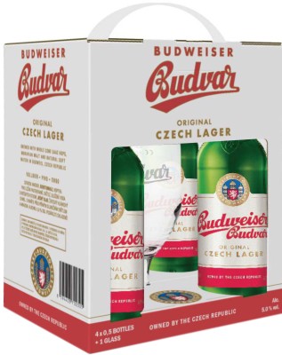 Подарунковий набір пива Budweiser Budvar Original світле фільтроване 5% 0.5 л x 4 шт + келих 0.33 л
