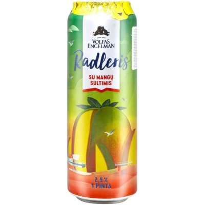 Пиво Radler Volfas Engelman Mango с соком, світле, фільтроване, 2,5%, з/б, 0,5 л