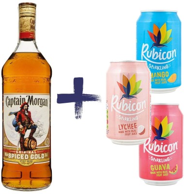 Набір: Ромовий напій Captain Morgan Spiced Gold, 35%, 1 л + Напій Rubicon, безалкогольний, 0,33 л, 3 шт.