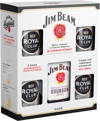 Віскі Jim Beam White 4 роки витримки 0.7 л 40% + безалкогольний напій Royal Club Tonic Classic 4 шт.