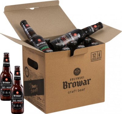 Упаковка пива Волинський Бровар Big Men English Barleywine темне нефільтроване 8.5% 0.35 л 12 шт.