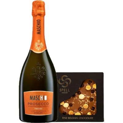 Набір: Вино ігристе Maschio Prosecco Treviso Extra-dry, 11%, 0,75 л + Шоколад молочний Spell із солоною карамеллю та печивом, 120 г