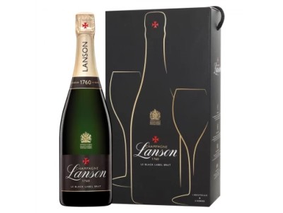 Вино брют біле Champagne Lanson Le Black Label Brut (gift box 1 bt + 2 flutes) 0,75 л