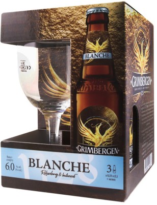 Подарунковий набір пива Grimbergen Blanche світле спеціальне 6% 0.33 л x 3 шт. + келих