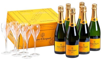 Шампанське Veuve Clicquot Brut 0.75 л 12% в подарунковій упаковці + 6 бокалів 6 шт