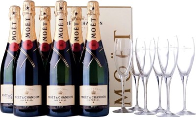 Шампанське Moet & Chandon Brut Imperial 0.75 л 12% в подарунковій упаковці + 6 бокалів 6 шт