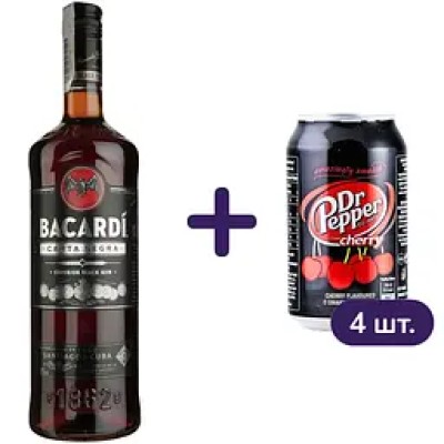 Набір: ром Bacardi Carta Negra 40% 1 л + напій Dr. Pepper Cherry 4 шт. х 0.33 л