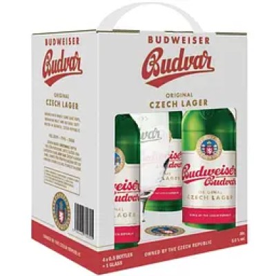 Набір: пиво Budweiser Budvar Original (4 шт. х 0.5 л = 2 л) + келих 0.33 л