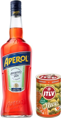 Аперитив Aperol Aperetivo 1 л 11% + Оливки зелені фаршировані лососем ITLV 314 мл
