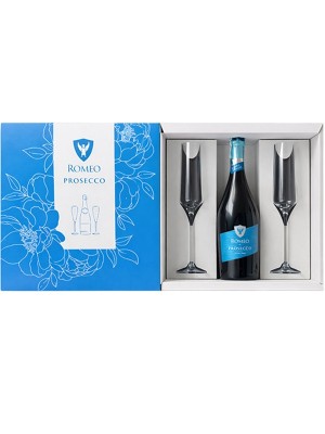 Подарунковий набір з двома келихами Ігристе вино Ромео, Просеко Спуманте / Romeo, Prosecco Spumante, Cantine Vitevis, біле екстра сухе 0.75л