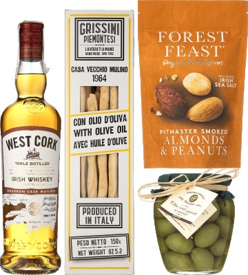 Подарунковий набір Brut Buro Для нього Віскі West Cork Bourbon Cask 0.7 л 40% + Оливки зелені Brandi 280 г + Суміш арахісу і мигдалю Forest Feast 120 г + Гриссині Casa Vecchio Mulino 150 г