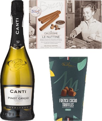 Подарунковий набір Brut Buro base Вино ігристе Canti Pinot Grigio Brut Blanc біле брют 0.75 л 11% + Трубочки вафельні Bussy Le Nuttine 160 г + Шоколадні цукерки Mathez Трюфелі 250 г