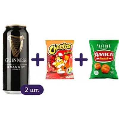 Набір Солоне дозвілля: пиво Guinness Draught темне 4.2% з/б 0.88 л (2 шт. х 0.44 л) + снеки Cheetos кукурудзяні зі смаком кетчупу 90 г + снеки Amica Ball кукурудзяні зі смаком піци 50 г