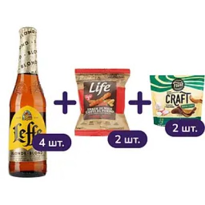 Набір Літній день: пиво Leffe Blonde світле 6.6% 1.32 л (4 шт. х 0.33 л) + кукурудзяні палички Life з сиром та паприкою 2 шт. х 35 г + грінки Flint Craft Житньо-пшеничні хвилясті зі смаком часнику 2 шт. х 90 г