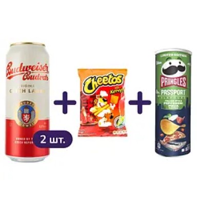 Набір Гостра вечірка: пиво Budweiser Budvar Original світле 5% з/б 1 л (2 шт. х 0.5 л) + Снеки Cheetos кукурудзяні зі смаком кетчупу 90 г + Чіпси Pringles Peperoni Pizza 165 г