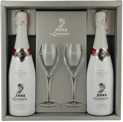 Набір із двох пляшок ігристих вин Anna de Codorniu Blanc de Blancs Brut білий брют 0.75 л 11.5% х 2 шт. у подарунковій упаковці + 2 келихи
