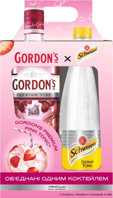 Алкогольний напій на основі джину Gordon's Premium Pink 1 л 37.5% із тоніком Schweppes Indian 0.75 л в подарунковій упаковці