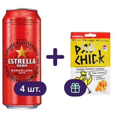 Набір: Пиво Estrella Damm Barcelona світле 4.6% 0.5 л з/б 4 шт. + Слайси курячі РябChick з гірчицею та медом сушені 30 г