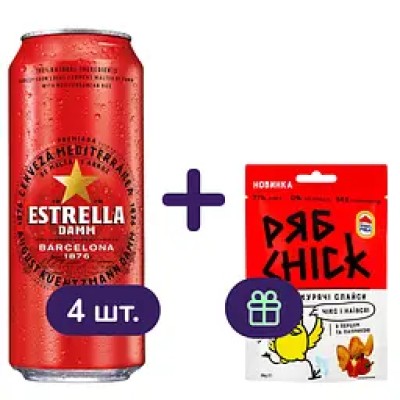 Набір: Пиво Estrella Damm Barcelona світле 4.6% 0.5 л з/б 4 шт. + Слайси курячі РябChick з перцем та паприкою сушені 30 г