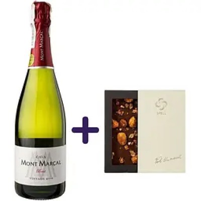 Набір: Вино ігристе Mont Marcal Cava Brut Reserva 0.75 л + Шоколад молочний Spell з солоною карамеллю, карамелізованими пластівцями та фундуком 100 г