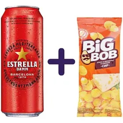 Набір: Пиво Estrella Damm Barcelona світле 4.6% 0.5 л з/б + Арахіс Big Bob в хрусткій оболонці зі смаком сиру 55 г