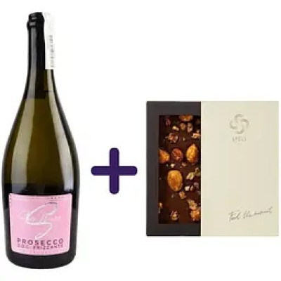 Набір: Вино ігристе San Mare Prosecco DOC Frizzante брют біле 0.75 л + Шоколад молочний Spell, з солоною карамеллю, карамелізованими пластівцями та фундуком 100 г