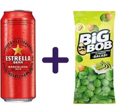 Набір: Пиво Estrella Damm Barcelona світле 4.6% 0.5 л з/б + Арахіс Big Bob в оболонці зі смаком васабі 55 г
