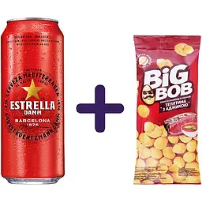 Набір: Пиво Estrella Damm Barcelona світле 4.6% 0.5 л з/б + Арахіс Big Bob з телятиною та аджикою 55 г