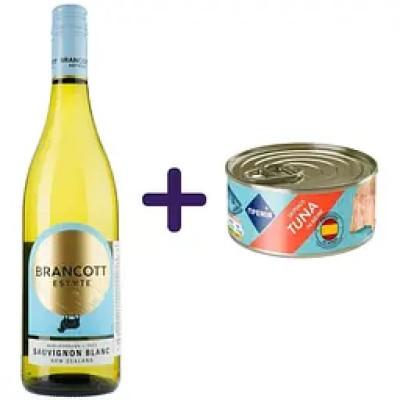 Набір: Вино Brancott Estate Marlborough Sauvignon Blanc біле сухе 0.75 л + Тунець Премія смугастий у власному соку 160 г