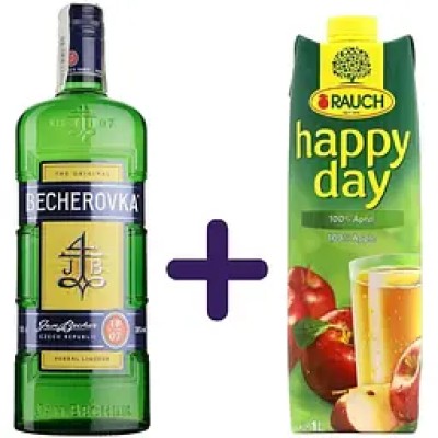 Набір: Лікерна настоянка на травах Becherovka 38% 1 л + Сік Happy Day Яблучний 1 л