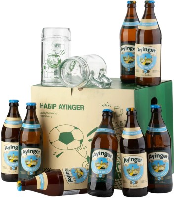 Набір пивний Ayinger Lager Hell світле фільтроване 4.9% 0.5 л 4 шт. + Brauweisse світле фільтроване 5.1% 0.5 л 4 шт. + 2 кухлі