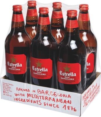 Упаковка пива Estrella Damm Lager світле фільтроване 4.6% 1 л х 6 шт