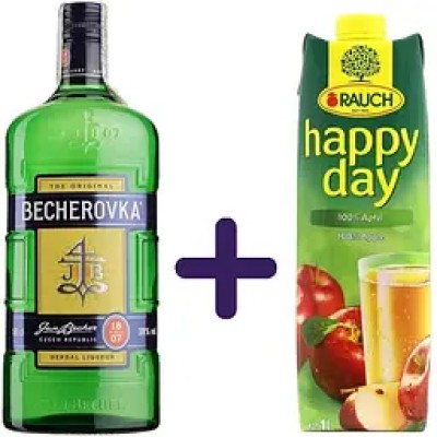 Лікерна настоянка на травах Becherovka 38% 0.5 л + Сік Happy Day Яблучний 1 л